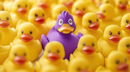 Purple Rubber Duck Among Yellow Ducks