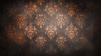 elegant vintage wallpaper pattern with intricate golden floral designs against a dark background, pe