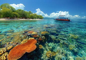 Wall Mural - A vibrant coral reef and underwater world visible from a glass bottom boat near an island resort