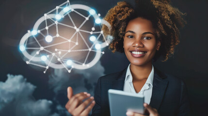 Poster - Beautiful smiling afro-american business woman in a suit holding a tablet with a digital cloud in the air. Digital cloud service, app, network, security, database, interface, support, internet, wi-fi
