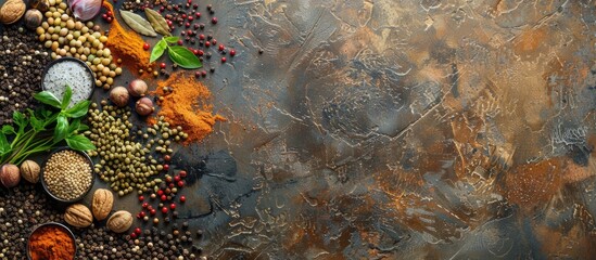 Wall Mural - Various spices arranged creatively on a textured stone surface with ample copy space image.