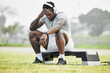 © Courtney/peopleimages.com - Black man, headache and pain with fitness in park, brain fog and pressure or tension, health and wellness. Runner outdoor, medical emergency and migraine with stress, challenge and exercise in nature