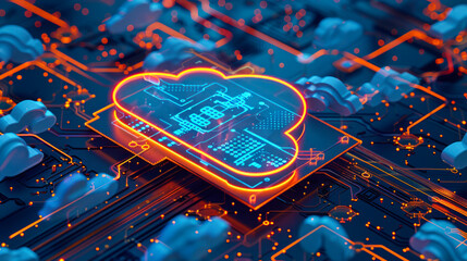 Poster - Digital cloud on in neon lights. Serverless technology on hybrid cloud network with modern digital infrastructure equipment. Concept Serverless Technology, Digital Infrastructure, web storage