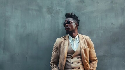 a minimalist setting with an African-American man in a stylish outfit posing outdoors against a gray background, perfect for text placement or promotional purposes