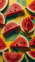 Wall Mural - Top-down view of watermelon slices patterned on a cheerful yellow background. Ample space for text