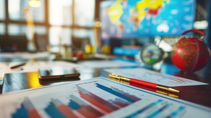Poster - Close-up of financial charts, graphs, and maps spread across an office desk with pens and a globe, indicating a business and global theme.