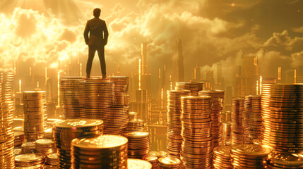 Wall Mural - A man stands on top of a pile of gold coins