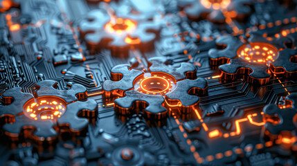 Canvas Print - A close up of a circuit board with many gears and a few of them are orange