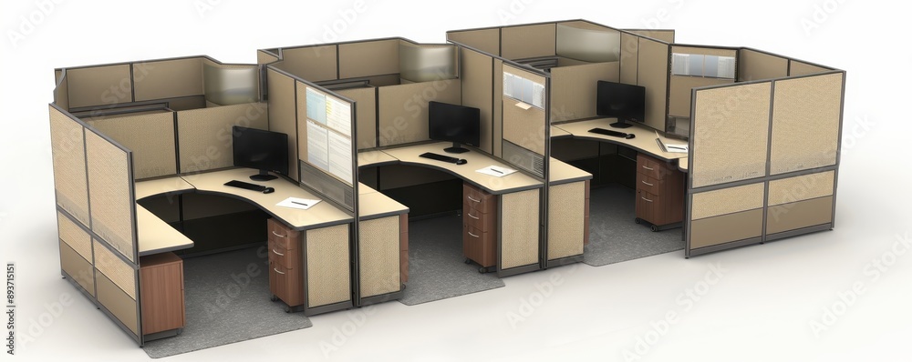 Modern office cubicles with workstations, desks, and computers in an ...