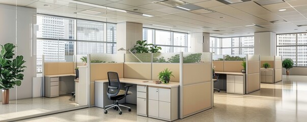 modern office space with cubicles, desks, chairs, and plants in a bright and spacious environment wi
