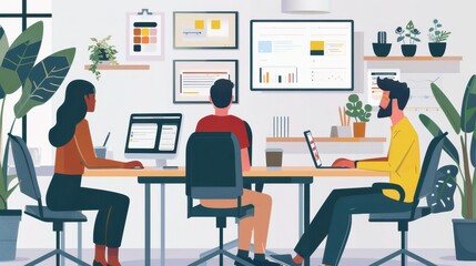 Poster - Modern office workspace with diverse team collaborating on project, using computers and whiteboard screens, surrounded by plants and decor.