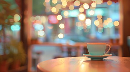 Wall Mural - A cup of coffee sits on a table in a cafe