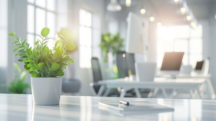 Wall Mural - A potted plant sits on a table in a clean, well-lit office