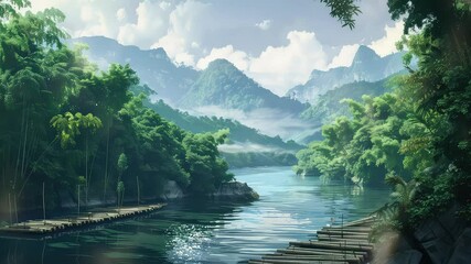 Wall Mural - animation serene river in lush valley surrounded by mountains generated with ai
