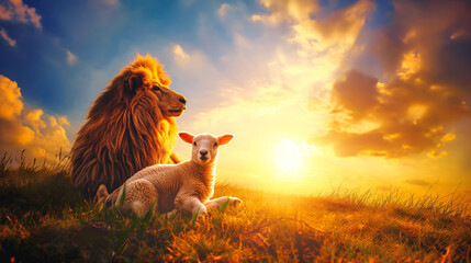 Canvas Print - Lion and lamb sitting together on grassy hill during a sunset with colorful clouds in the sky creating a serene atmosphere.