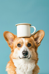 Wall Mural - A dog is standing on its head with a mug on top of its head