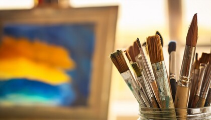 artist studio, paint brushes with canvas painting