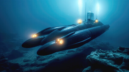 Sticker - Futuristic submarine with bright yellow lights navigating deep ocean waters with visible undersea terrain.