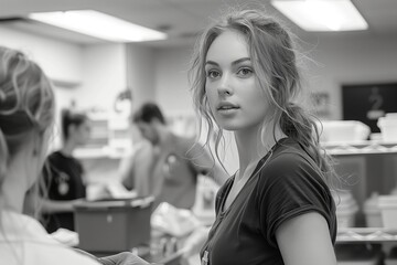 Wall Mural - Young Woman Looking Directly at Camera in Black and White Photo