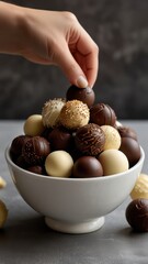 Wall Mural - A various chocolate truffle from a decorative white bowl in annual celebration of chocolate day