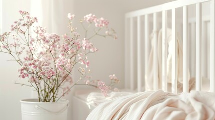 Wall Mural - Spring pastel flowers beside baby bed in white nursery with copy space Chic baby bed by light wall in kids room interior Floral bucket