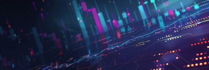 Poster - Abstract representation of stock market data visualization with bar graphs, charts, and glowing lights.