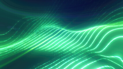 Fototapete - Green glowing energy waves from small particles and lines abstract background