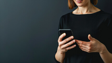 Wall Mural - a tech-savvy woman holding a smartphone or tablet, gesturing to the side as if presenting a tech product