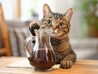 Wall Mural - A cat is sitting on a table with a glass of coffee