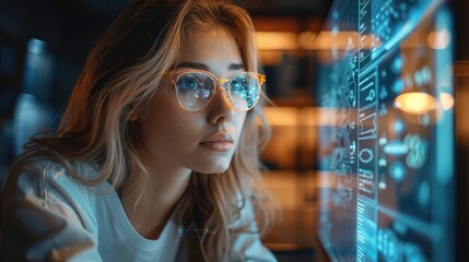 Focused woman in glasses, analyzing data on a futuristic screen. Concept of technology, innovation, and information analysis.