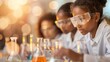 © ธนากร บัวพรหม - Students participating in a science experiment, safety goggles on, photorealistic style, natural lighting, capturing the thrill of handson learning