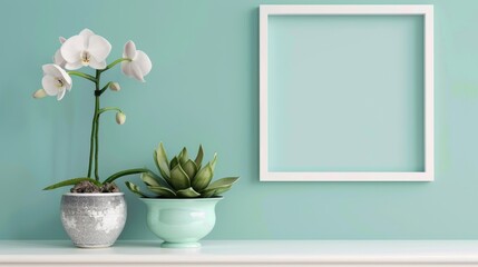 Wall Mural - Contemporary room decor with picture frame imitation White shelf on pale blue wall with pottery and succulent Placing potted orchid