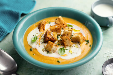 Wall Mural - Pumpkin mashed soup with croutons