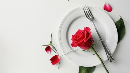 Canvas Print - Table setting on white background top view with space for text Romantic dinner