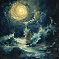 Wall Mural - dramatic illustration of jesus walking on stormy waters swirling waves and dark skies contrast with his serene figure embodying faith and miracles