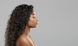 © Prostock-studio - Hair extension concept. Profile portrait of beautiful curly african american woman over gray background, panorama with free space