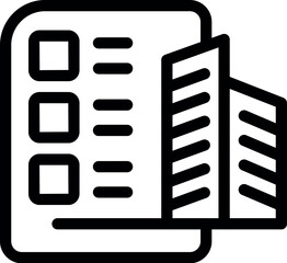 Poster - Line icon of a blueprint with a modern building coming out of it, symbolizing an architect presenting a project