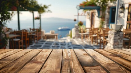 Wooden Tabletop with Blurred Mediterranean Cafe Background