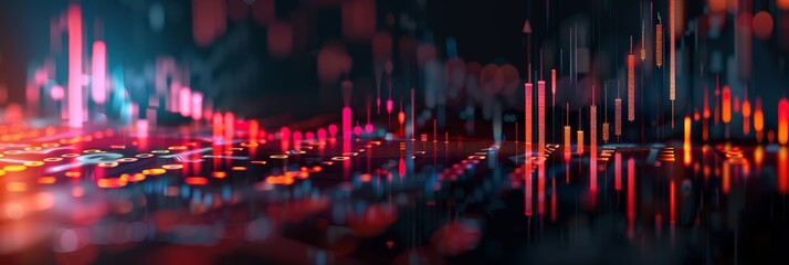 Poster - Abstract financial data visualization with glowing lines and dots in red and blue hues. Futuristic tech stock.
