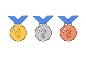 Medals with ribbon vector illustration. Doodle prizes set of golden, silver and bronze. Winner awards first, second and third places. Outline hand drawn medals isolated elements with numbers 1, 2, 3