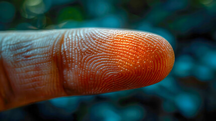 Poster - A close-up of a fingerprint on a fingertip, illuminated with a glowing effect