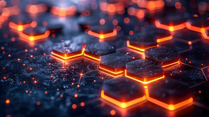 Poster - A close-up of a hexagonal network structure with glowing orange edges and blue-tinted glass-like cells