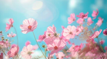 Poster - Composition of pink flowers with blurred blue sky background Selective focus