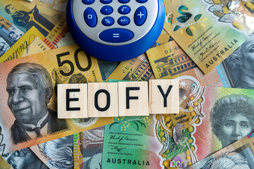 Canvas Print - Word EOFY, calculator and Australian currency. Concept of End of Financial Year