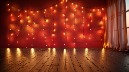 Wall Mural - A warm and inviting interior space with wooden floor and warm lights hanging on the red wall