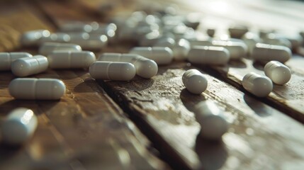 Poster - Healthcare setting white capsules scattered on wooden surface representing medication and pharmacy aere