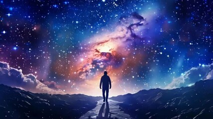 Wall Mural - A man walks along a path in the galaxy. The sky is strewn with stars, and the man is the only one on the way. Abstract background. Space, science concept.