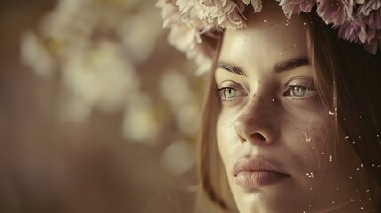 Wall Mural - Woman with Floral Headpiece: A woman wearing a delicate floral headpiece, looking pensively to the side. 
