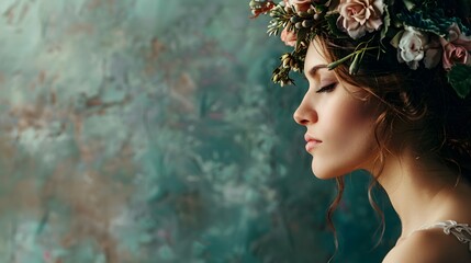 Wall Mural - Woman with Floral Headpiece: A woman wearing a delicate floral headpiece, looking pensively to the side. 
