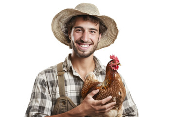 Young farmer with hat and bright smile holding a chicken Isolated on white background